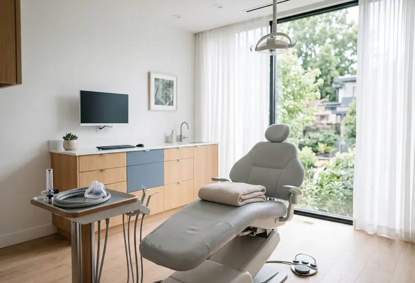An empty dental treatment chair in a calm, softly lit room.