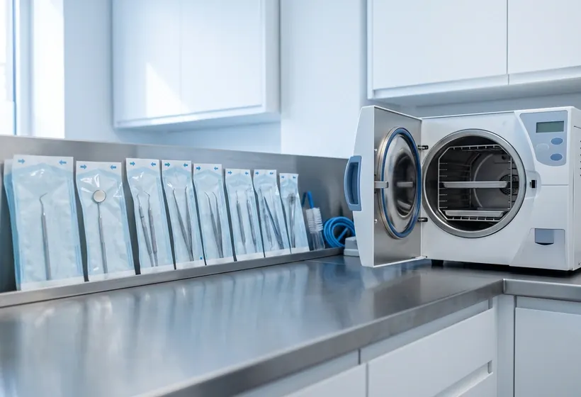 Sealed, sterilized dental instruments beside a steam autoclave.