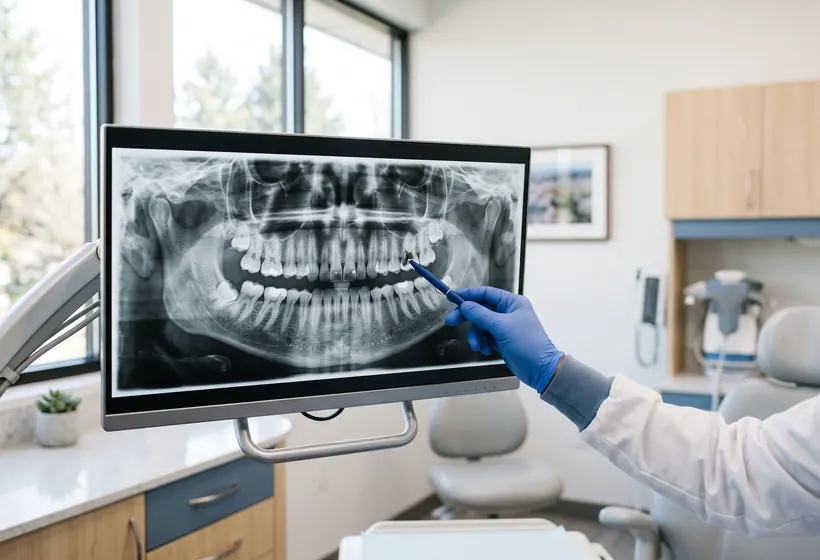 A dental x-ray on a monitor, with a hand pointing to one tooth.