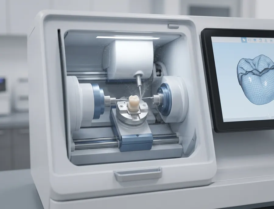 A chairside dental milling unit shaping a ceramic crown.