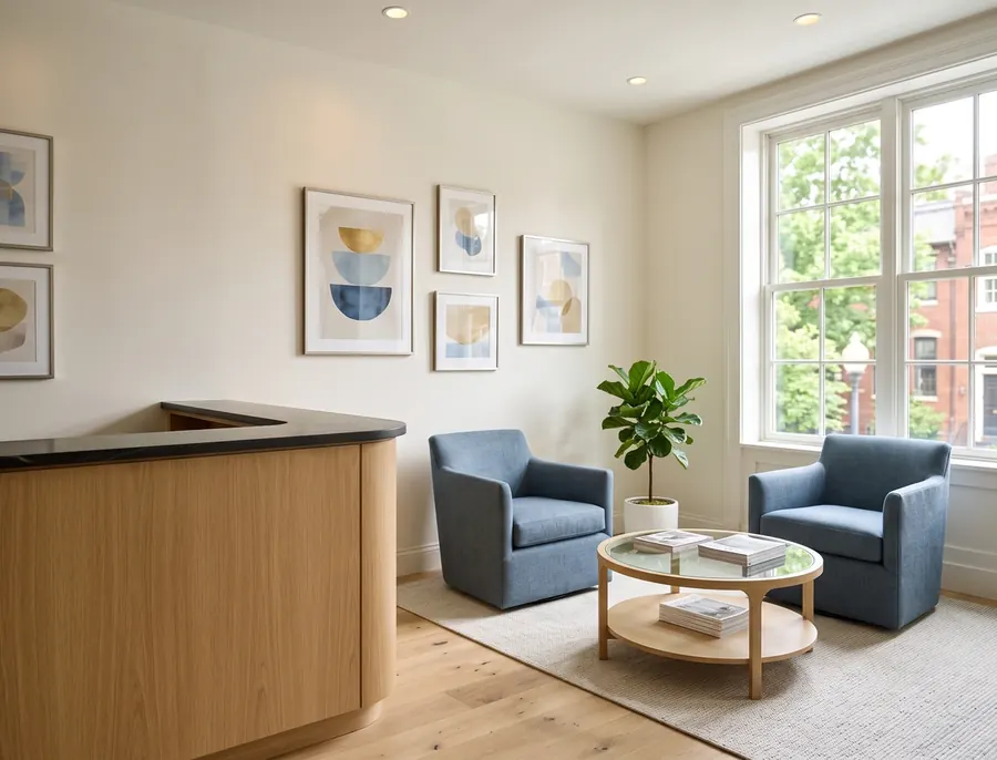 A bright, quiet dental reception area with two armchairs and a plant.